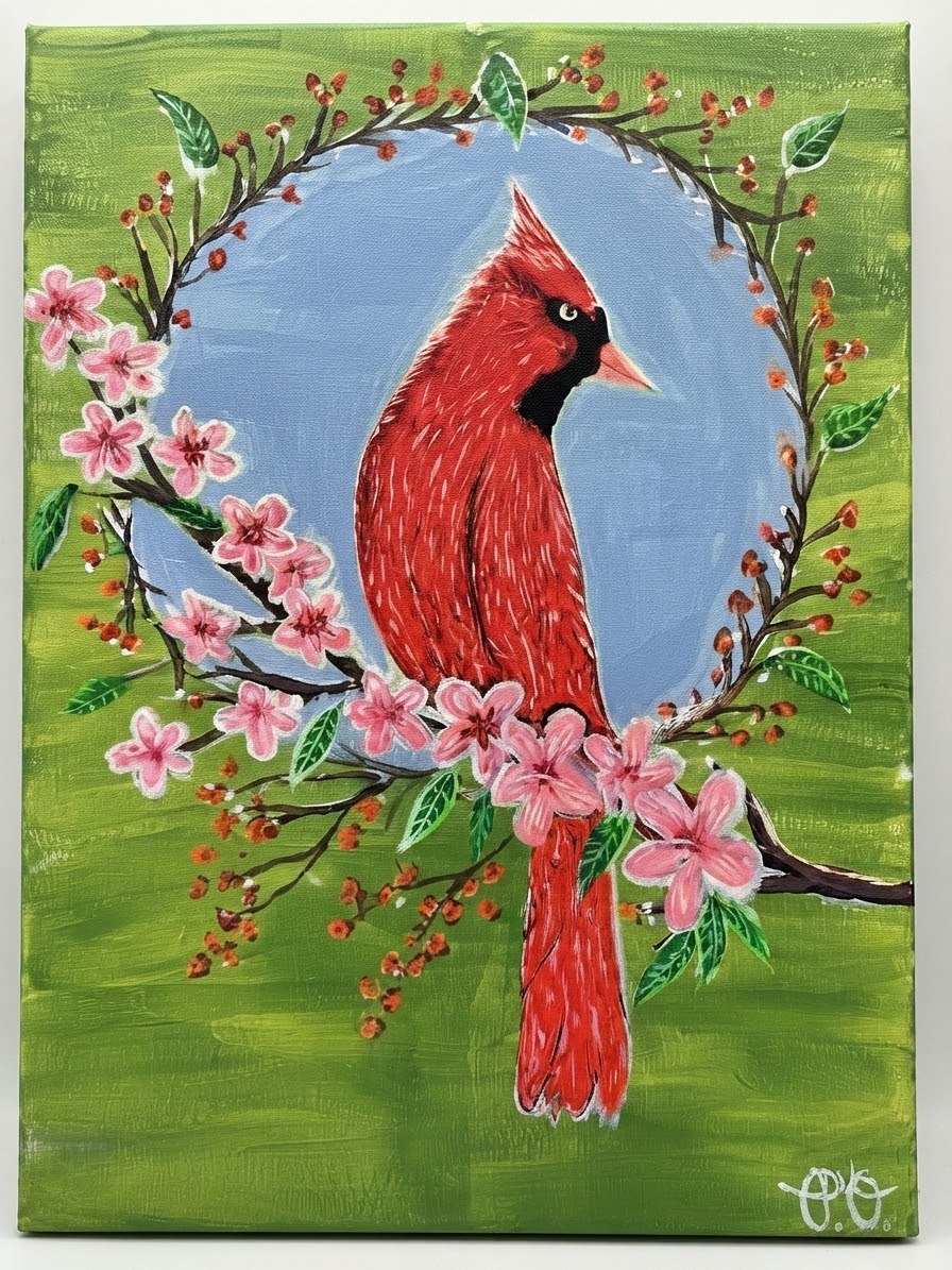 Cardinal in Bloom, original artwork by Paul O'Lone